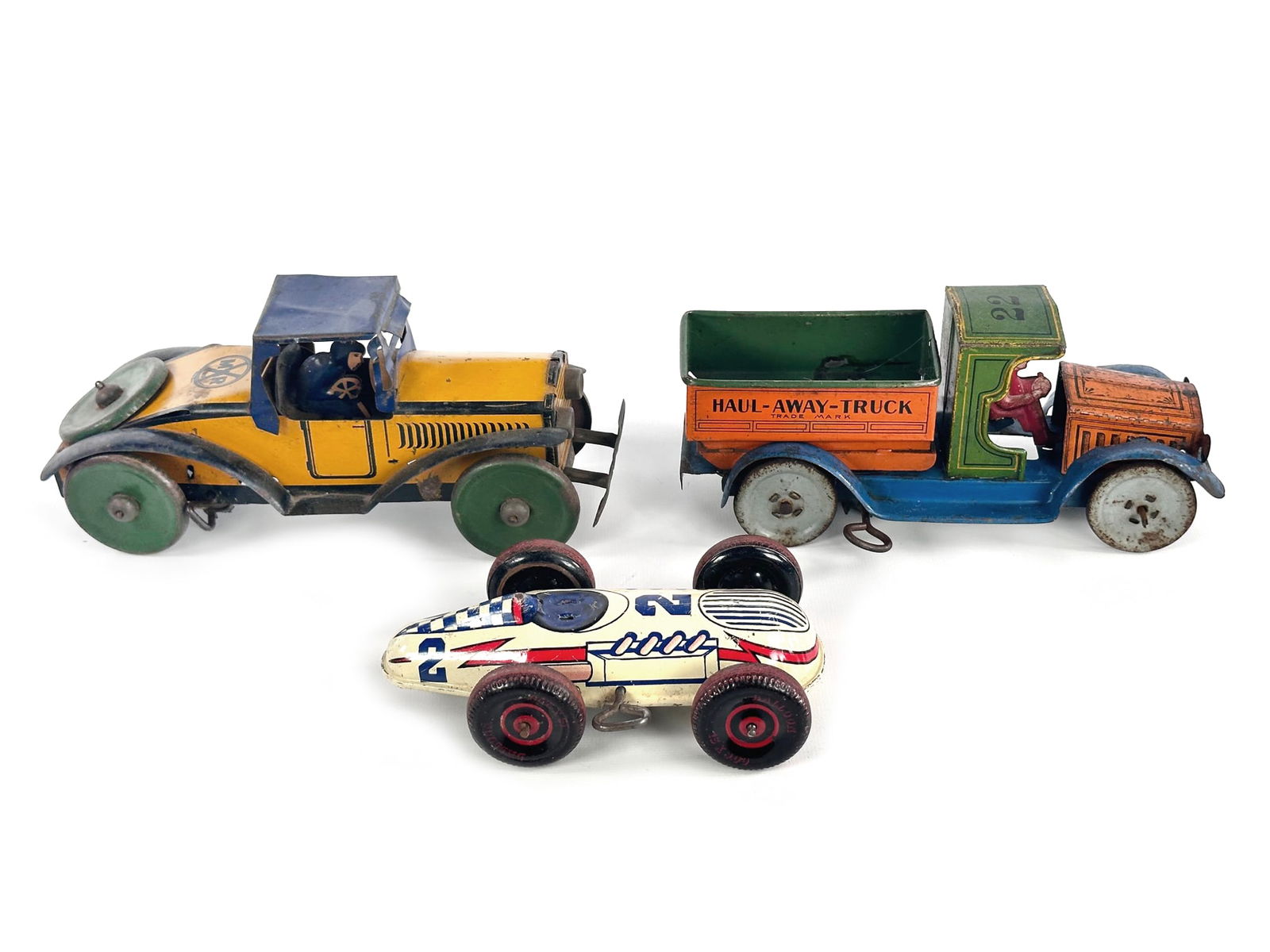 3 Tin Litho Vehicles Strauss Haul Away Truck Marx Coupe & Racer