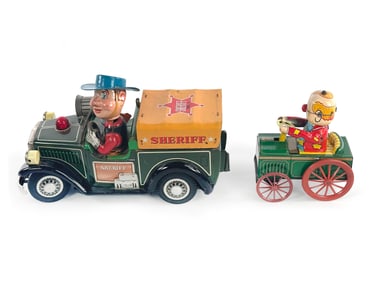 Nomura Tin Battery Operated Sheriff Car & Yone Clown Car