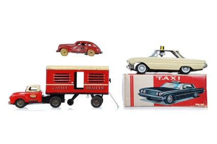 3 Japanese Tin Litho Vehicles: Cattle Truck, Boxed Taxi, & Windup Car