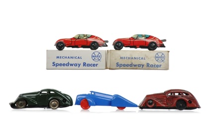 5 Tin Litho Windup Vehicles Marx Tricky Fire, Schuco, Renwal, Marx Speedway Racer Boxed