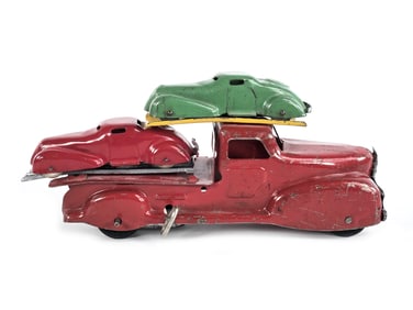 Marx Pressed Steel Windup Auto Hauler with 2 Cars