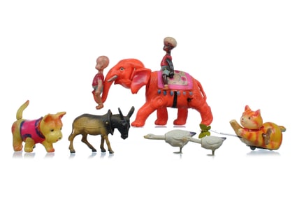 6 Celluloid Borgfeldt Henry & Elephant, Itchy Dog, Cat & Butterfly, Donkey & Geese