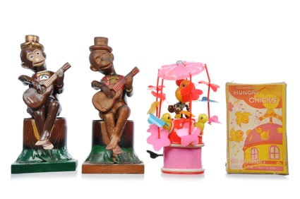 (3) Japanese Celluloids Alps Sambo Monkey Playing Guitar & TA Hungry Chicks Boxed Windups
