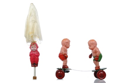 (2) Japanese Celluloid Parachutist & Windup Boxers