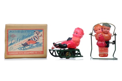 (2) OJ Celluloid Windups Kenkosha Lucky Sledge Boxed and Jump Rope Kids