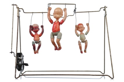 1930s Geo. Borgfeldt Windup Celluloid Henry On Trapeze with Brother, Friend