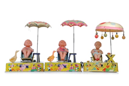 (3) Alps Tin Litho Windup Celluloid “Happy Life" & "Boardwalk Delight" Girl on Beach