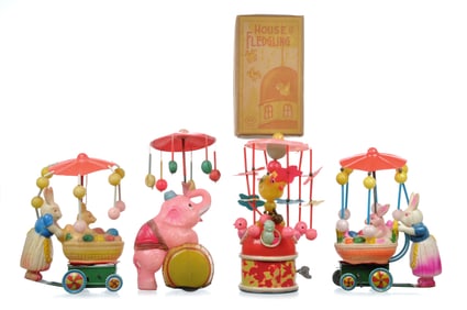(4) Celluloid Windups Elephant, Rabbit & Carriage, Fledgling House Boxed