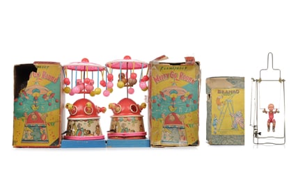 (3) Japanese Celluloids Branko Mechanical Acrobat & TA Merry Go Round Boxed