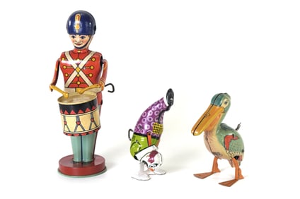 3 J. Chein Tin Litho Wind Up Drummer Boy, Clown & Pelican