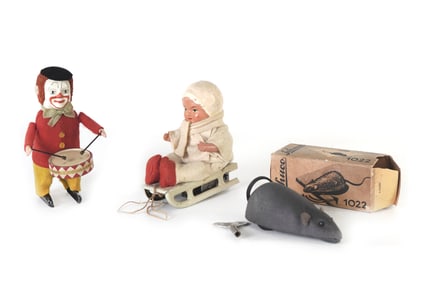 3 Schuco Drummer Clown, Snow Baby on Sled & Mouse Boxed