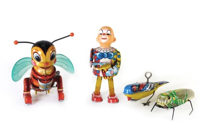 4 Japanese Tin Litho Wind Up Grasshopper, Bumblebee, Drummer Clown, Bird