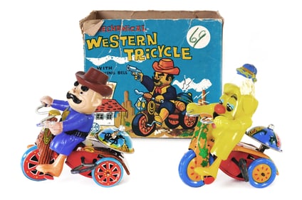 Pair of Marx Tin Litho Wind Up Western Tricycle Boxed & Banana Tricycle