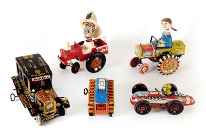 5 Tin Litho Wind Up Old Jalopy, Queen of the Campus, Flip Over Tank, Race Car & Fire Chief