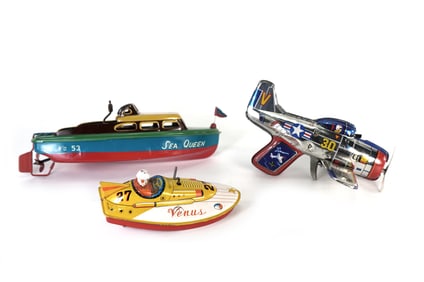Lot of 3 1950 Tin Wind Up Friction Toys Yonezawa Sea Queen, Venus Boat, Nomura Friction Trigger