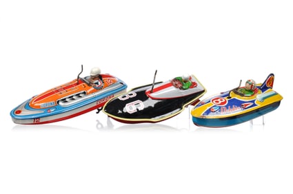 (3) Japanese Tin Windup Racing Boats San, Takatoku, Yone
