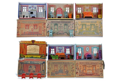 (6) 1920s Marx Tin Litho Newlyweds Rooms Boxed with Furniture
