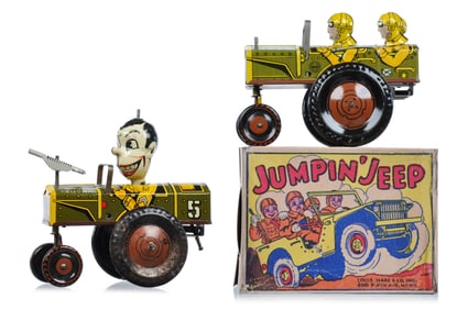 1930s Windup Marx Jumpin Jeep Boxed and Jolly Joe Crazy Cars