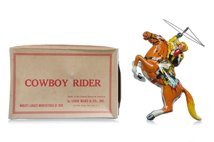 1930s Marx Tin Litho Windup Cowboy Rider with Box
