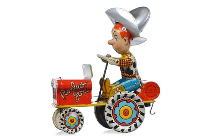Unique Art Tin Litho Windup Yipee-I-Aaay Rodeo Joe in Silver Hat