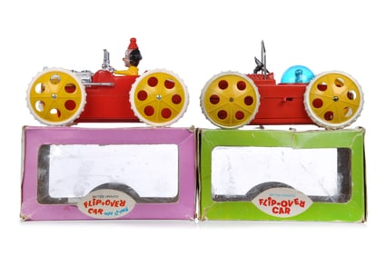 (2) Batt. Op. Flip-Over Cars Clown & Space Cars with Box HK