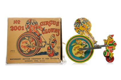Waterbury Button Co. No. 2001 Circus Clowns Boxed Tin Litho Windup Rare