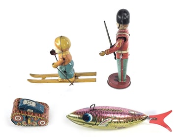 (4) Tin Windup Toys Chein Drummer, Skier, Rollover Tank, & Fish