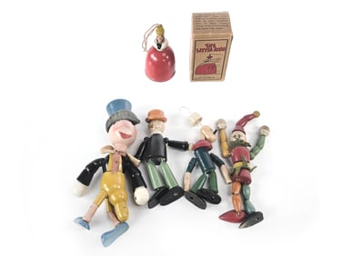 (5) Ideal & Jaymar Wooden Figures Popeye, Jiminy Cricket, Little King Boxed
