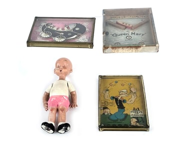 (4) Toys Wooden Henry Figure, 3 Dexterity Puzzles Popeye, Dionne Quints, Queen Mary