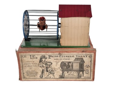 Boxed F. Martin Squirrel and Cage Tin Windup, France