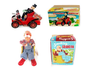 1950s Marusan Batt. Op. Smoking Grandpa & Masudaya Grandpa's Car Boxed Working