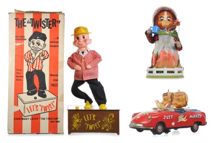 3 Batt Op. Toys The Twister w/Box, Gardening Puppy, Kissing Couple Car