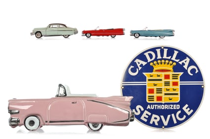 (5) Cadillac Ephemera Set 1985 Service Sign, Cookie Jar, Diecast Cars