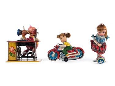 Lady Lot of 3 Japanese Tin Motorcycle, Sewing Table and Ball Bouncer