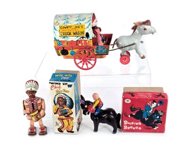 Cowboy Joe, Chief, and Broncon Tin and Celluloid Japanese Toys