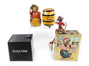 Bank Box Lot of 4 in Tin with Monkey and Dracula