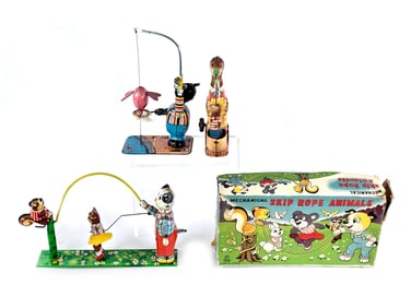 Skip Rope Animals and Fisher Bear T.P.S. Tin Windup Toy Lot of 3