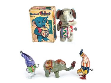 Circus Clown and Elephant Lot of 4 Tin Windups