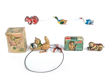 Jumping Cat in Box and Animal Lot of 5 Tin Toys
