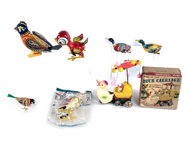 Aviary Lot of 7 Tin and Celluloid Bird Toys