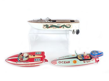 3 Boats Japanese Tin & Wood Batt. Op and Windup