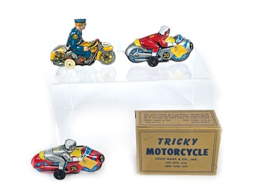 Marx Tricky Motorcycle Boxed & 2 Tin Japanese Motos
