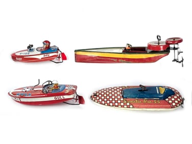4 Tin Windup Boats Lindstrom, Ohio Art, Japanese Tin
