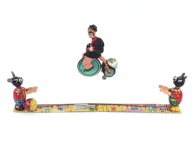 TPS Bears Playing Ball & Man on Tricycle Japanese Tin