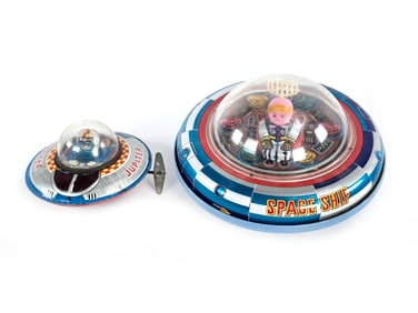 (2) Tin Litho UFO Flying Saucers Jupiter & Space Ship X-5