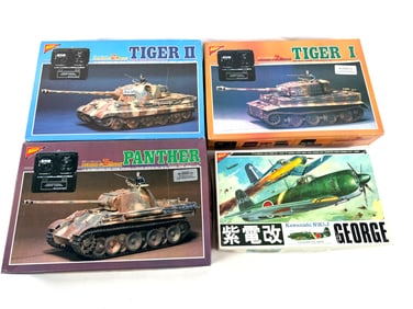 4 Plane & Tank Kits Nichimo - Kawanishi N1K2-J/RC Tiger II Tank/RC Tiger I Tank/RC Panther Tank