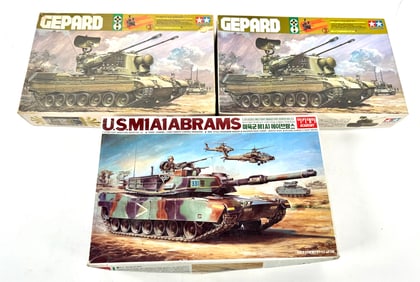 3 Motorized Model Tank Kits, Academy - US M1A1 Abrams Tank/(2) Tamiya - Gepard German Tanks