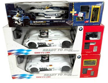 3 RCled Race Cars, (2) White BMW V12 LMR, Williams F1 BMW FW 22