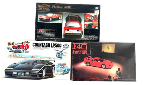 3 Model Car Kits Ferrari F40, Ferrari 512, Countach LP500
