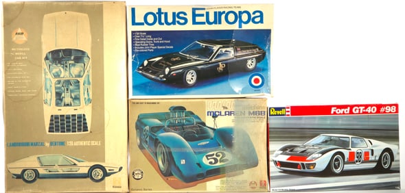 4 Model Car Kits McLaren M6B/Lotus Europa/Ford GT-48 #98/Lamborghini Marzal